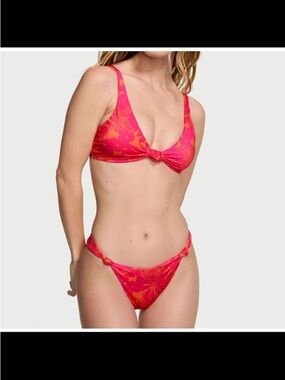 VICTORIA'S SECRET Pink Palm Knotted Bralette Bikini Set Size L & M NWT